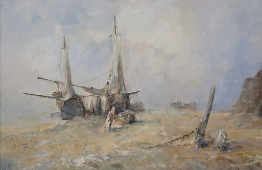 Marine oil painting of sailing ship beached on the East Yorkshire coast