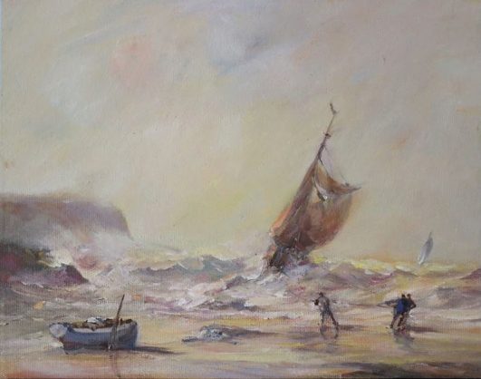 Oil painting of a fishing smack in the surf