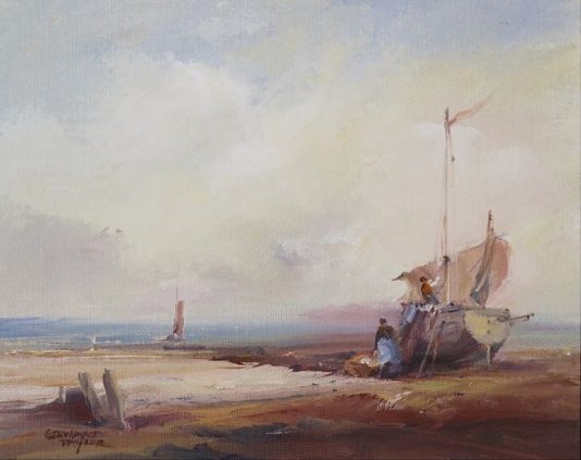 Oil painting of a fishing vessel undergoing repairs at low tide