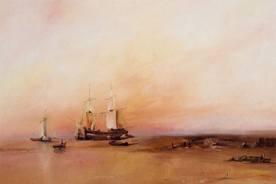 Delicate oil painting of a ship overlooking a warm, inviting sunset by Stewart Taylor.