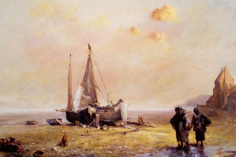 Marine oil painting of mussel gatherers walking alongside a beached ship by Stewart Taylor
