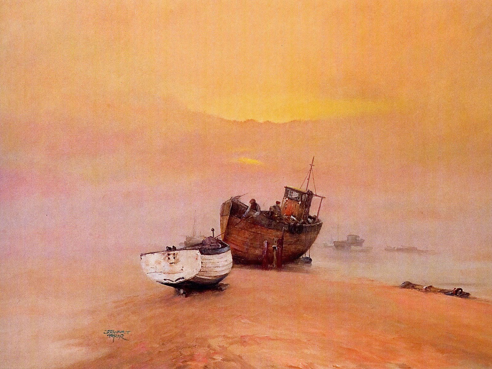 Oil painting of fishermen mooring their boats at sunset