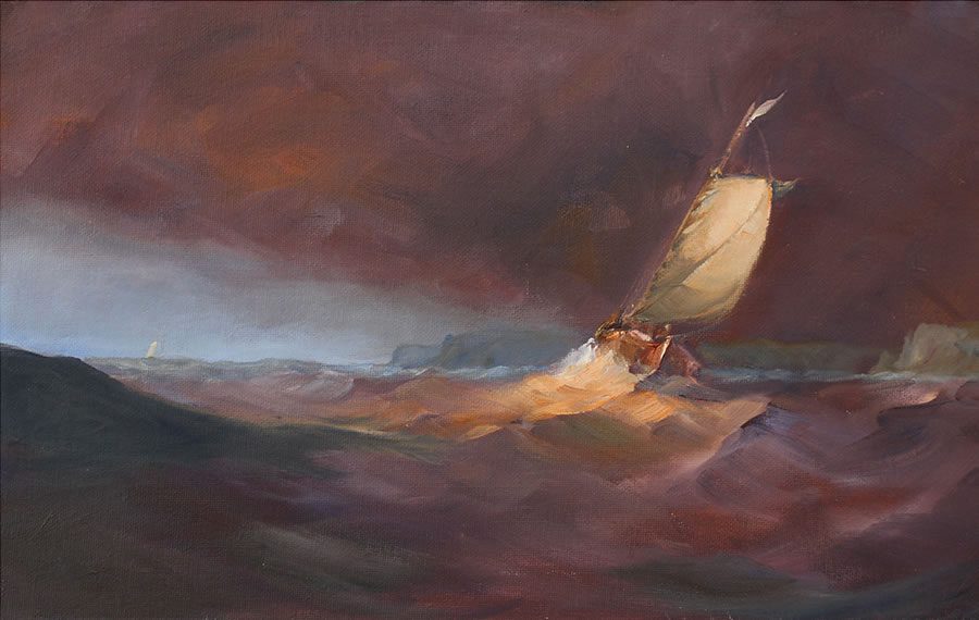 Oli painting of clipper battling against heavy seas