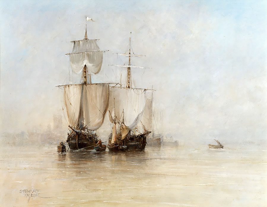 Oil painting of two Dutch sailing boats at Victoria Pier in Hull