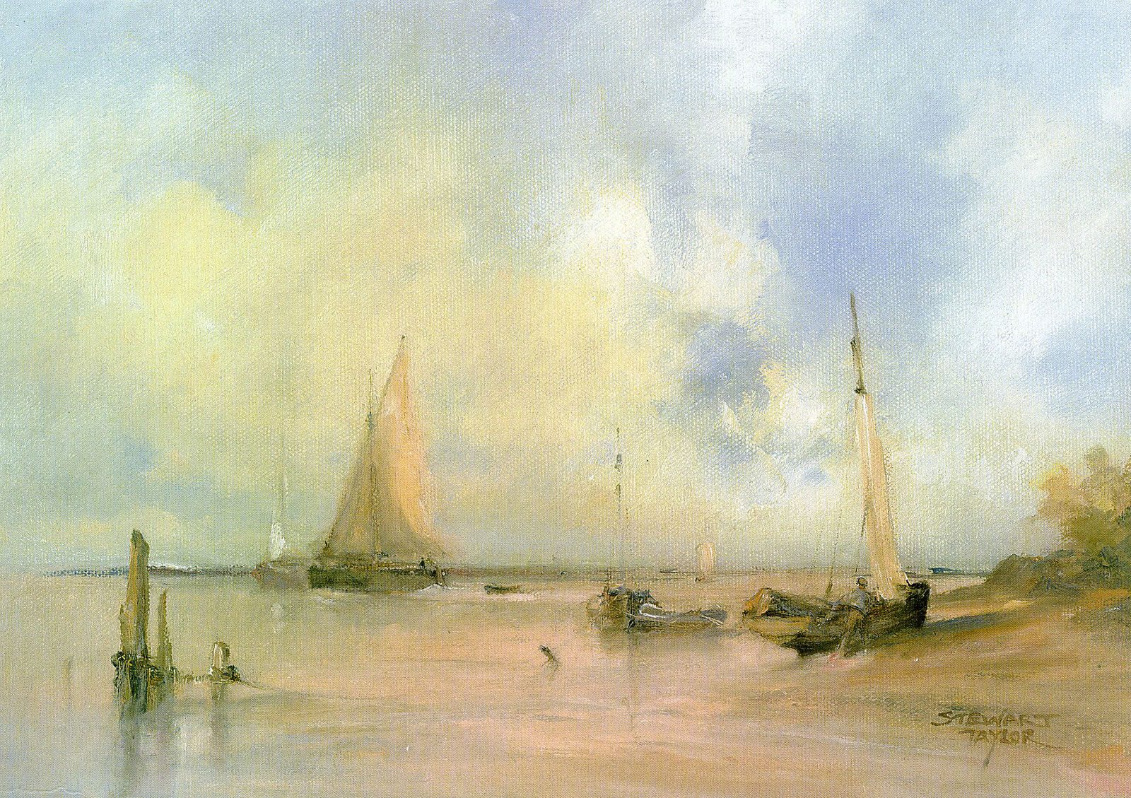 Oil painting of fishing boats at evening time