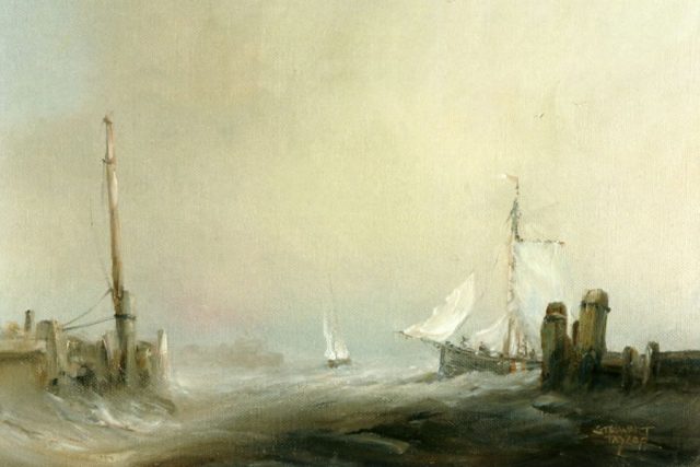 Marine oil painting of a fishing smack entering the River Hull by Stewart Taylor