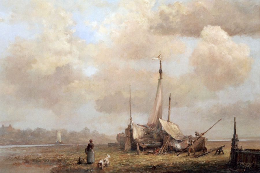 Marine oil painting of sailing ships at Hedon Haven in East Yorkshire