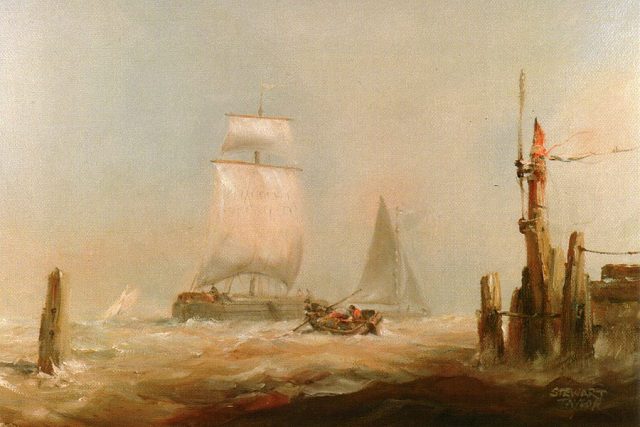Oil painting of maritime landscape capturing dramatic waves against a sailing ship by Stewart Taylor.
