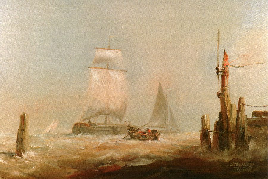 Oil painting of maritime landscape capturing dramatic waves against a sailing ship by Stewart Taylor.
