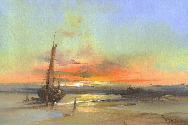 Oil painting of a bewitching sunset overlooking peaceful shores by Stewart Taylor.