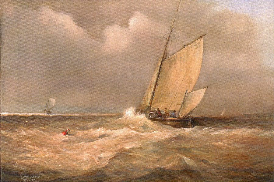 Dramatic seascape showing sailing ships battling high waves on the River Hull. Oil painting by Stewart Taylor.