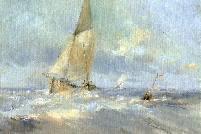 Marine oil painting of sailing ships pitching in the wind. Oil painting by Stewart Taylor.
