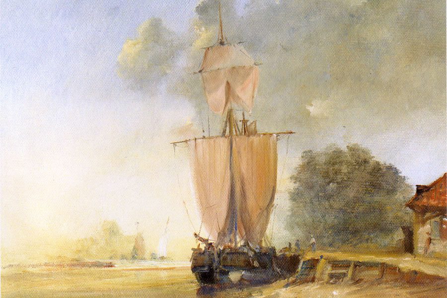 Oil painting of a Galliot Discharging against a bright sunset by Stewart Taylor.