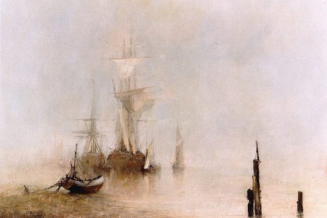 Seascape overlooking ships obscured by an early morning mist. Oil Painting by Stewart Taylor.