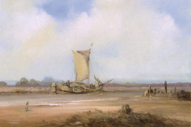 Maritime landscape of Dutch sail boat along the River Hull. Oil painting by Stewart Taylor.