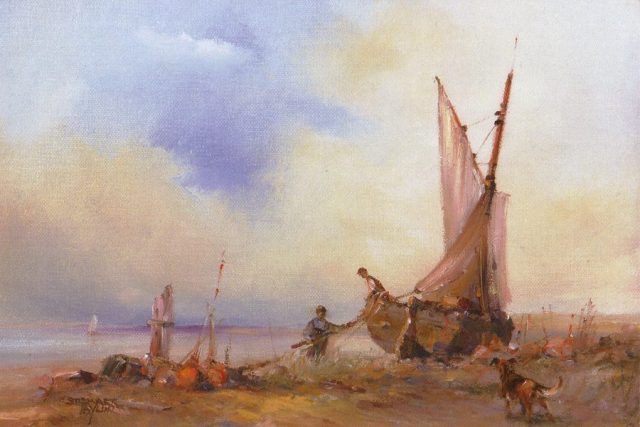 Oil Painting of sailing vessel undergoing repairs along peaceful shores by Stewart Taylor.