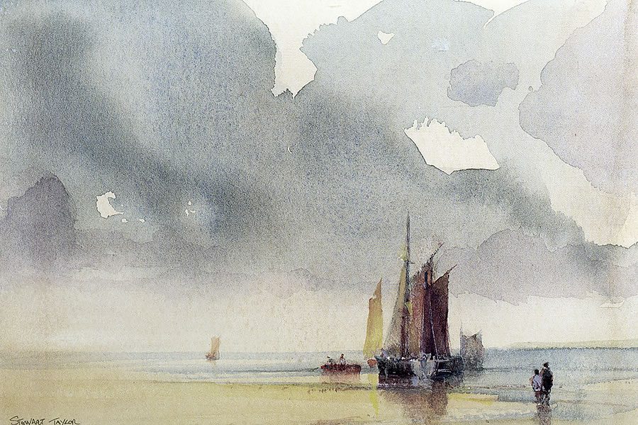 Watercolour painting of fishing boats beneath cloudy skies