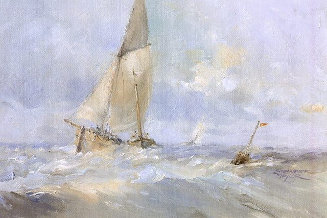 Painting of boats at full sail in choppy seas