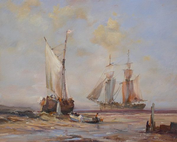 Oil painting of sailing vessels at Spurn Point