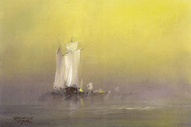 Marine landscape oil painting of sailing vessel on the River Thames, by Stewart Taylor