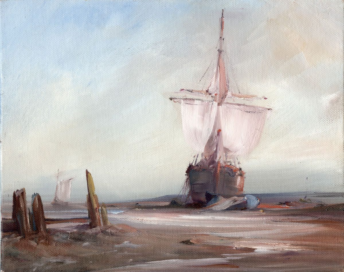 Oil painting of a merchant vessel aground at high tide