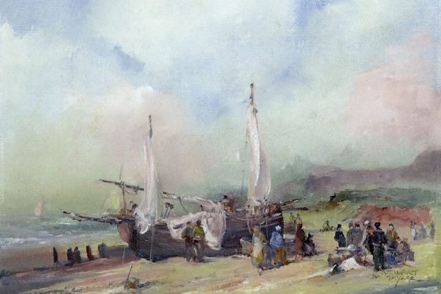 Marine painting of sailing ships unloading the day’s catch, by Stewart Taylor.