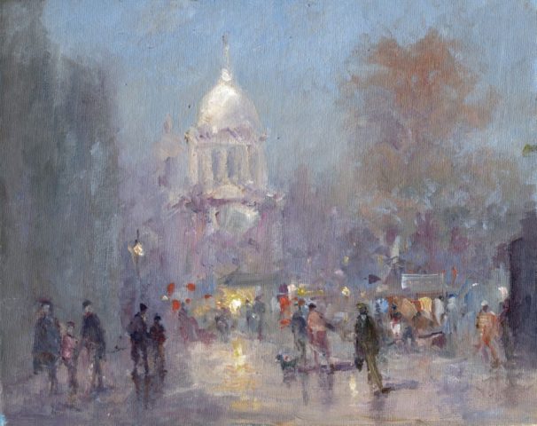 Oil on board of an evening market scene