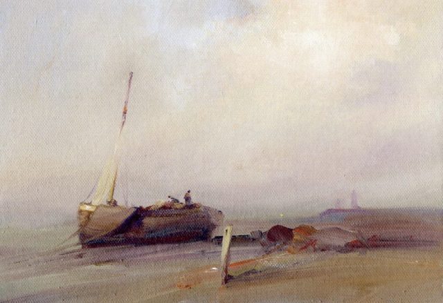 Marine oil painting of a fishing vessel beached at Spurn Point, by Stewart Taylor