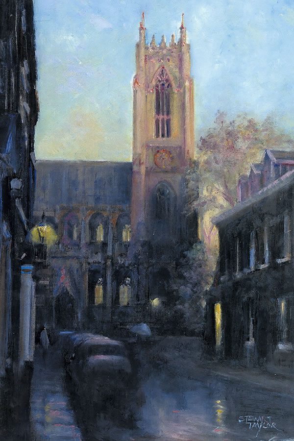 Oil painting of Beverley Minster during evening showers.
