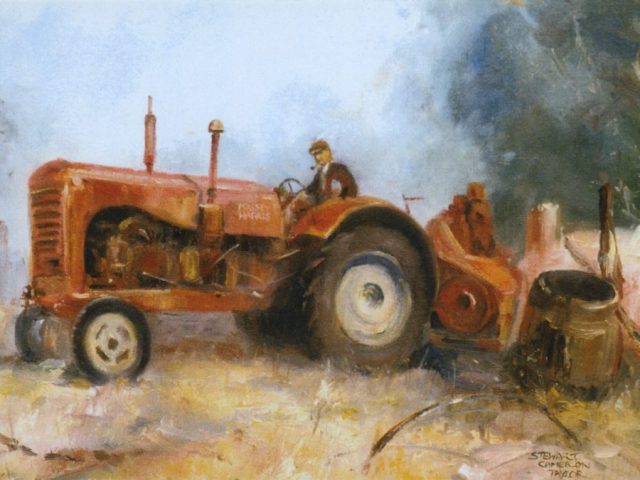 Oil painting of farmer on his tractor