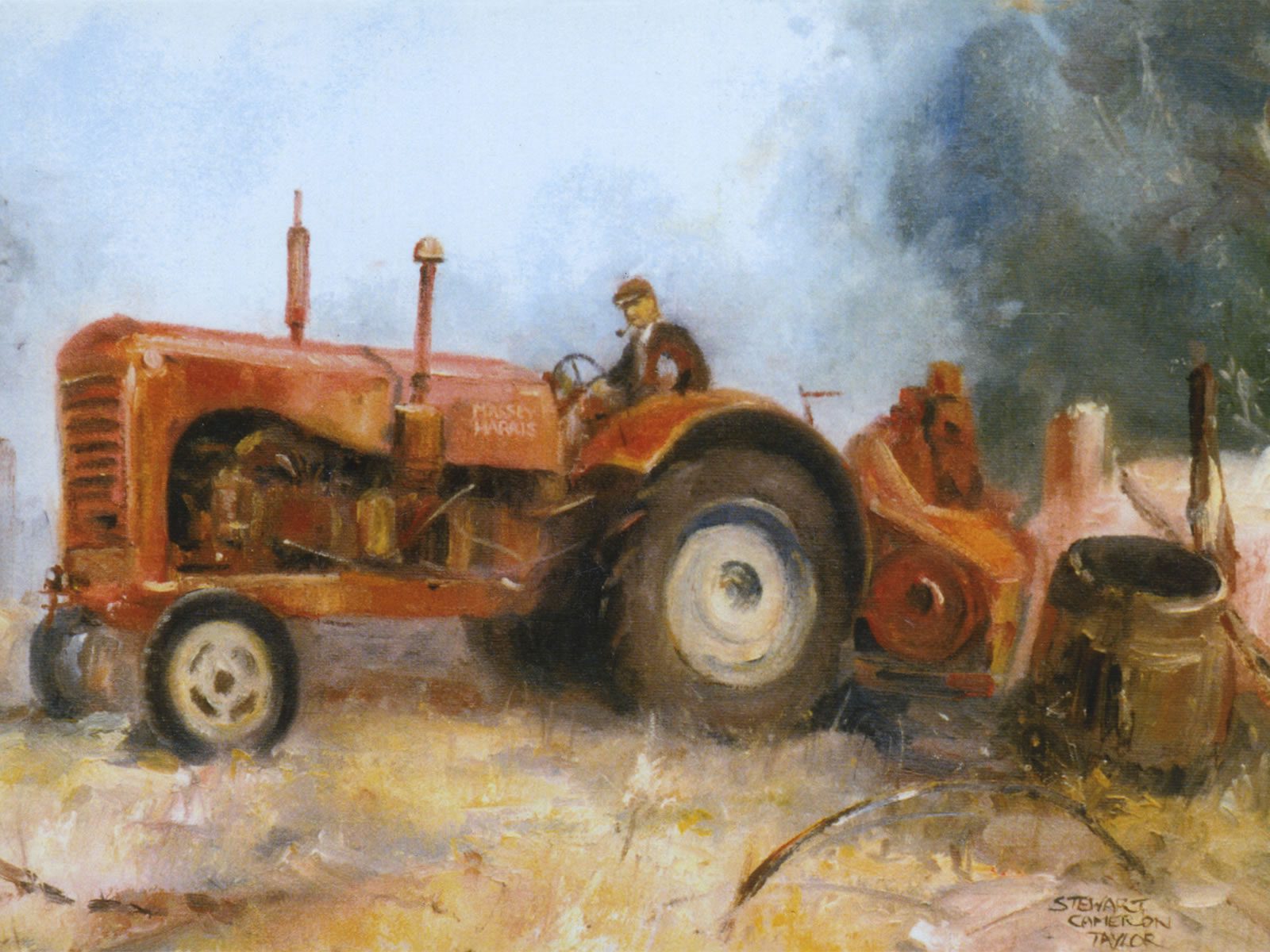 Oil painting of farmer on his tractor
