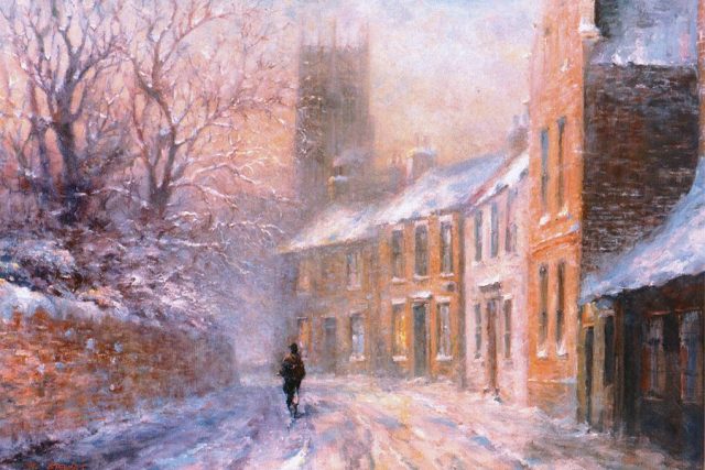 Oil painting of timeless Hedon street in winter by Stewart Taylor