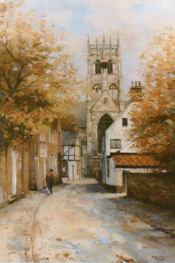 Oil painting of autumnal village street by Stewart Taylor.