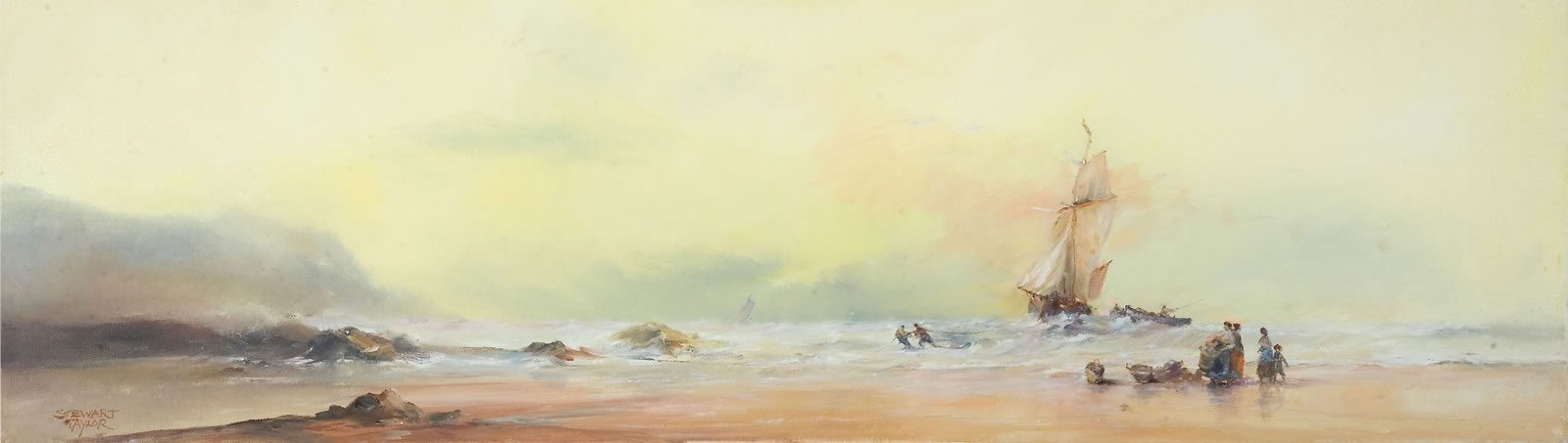 Marine oil painting of a sailing ship in a storm off the Holderness coast