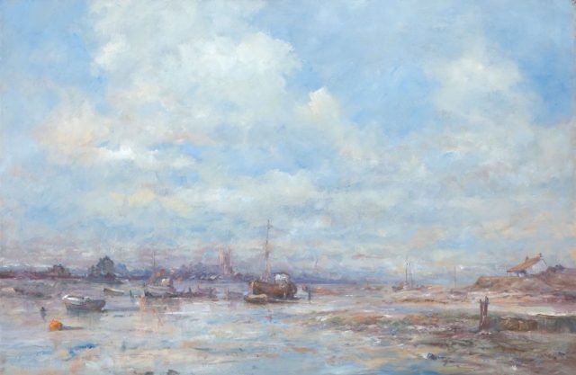 Oil painting of sailing craft moored at shelter