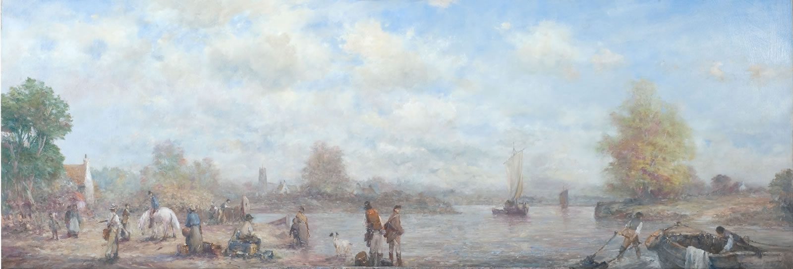 Oil painting of local people and traders waiting for the incoming ferry