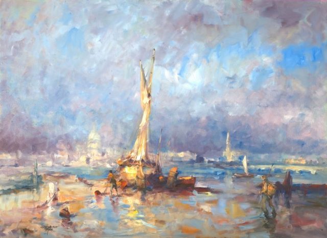 Oil painting of sailboats in the golden evening light