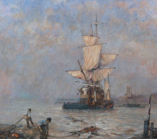 Marine oil painting of a trader’s vessel anchored at the mouth of the River Hull