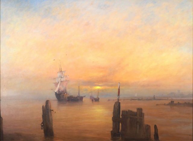 Marine oil painting of sailing ships in the sunset off Sammy}s Point on the Humber at Hull