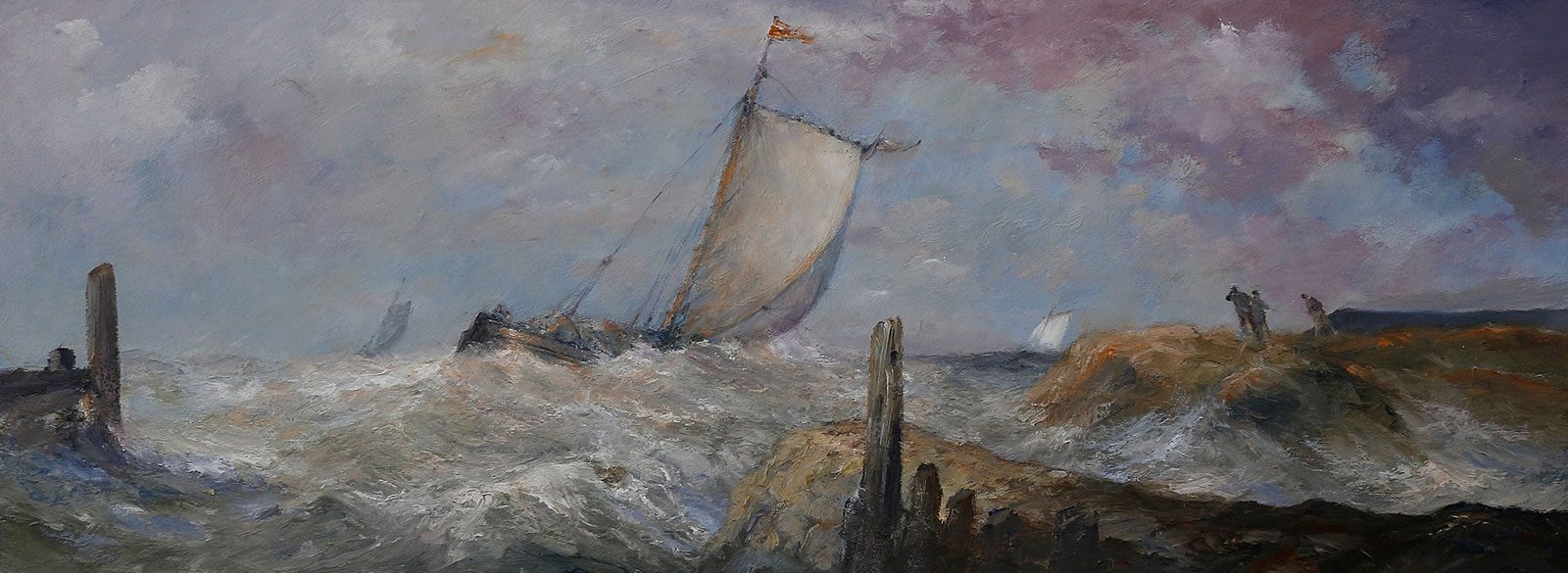 Sailboat tacks into the wind in an oil painting