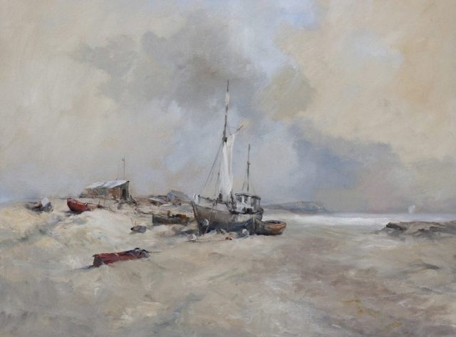 Boats on shore at Suffolk Sands in an oil painting by Stewart Taylor
