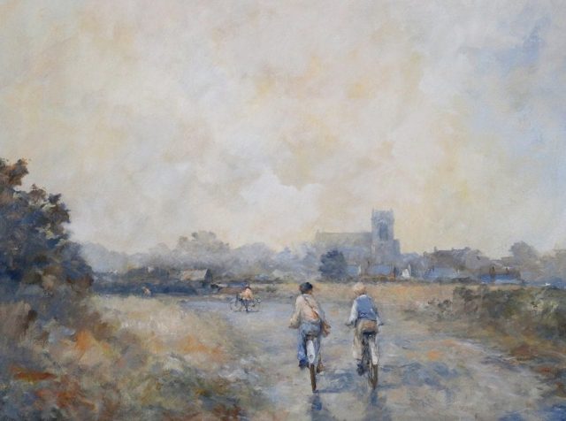 Oil painting of county scene with cyclists by Stewart Taylor