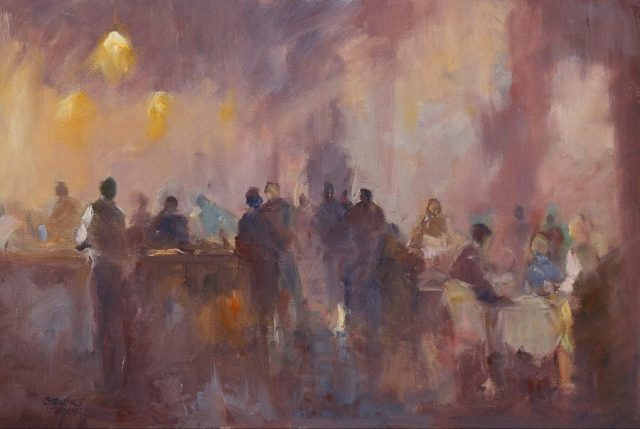 Oil painting of restaurant diners by Stewart Taylor