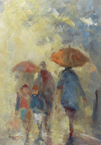 Study of rain street scene in oils by Stewart Taylor