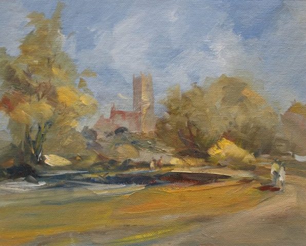 Oil on canvas showing figures in a park scene by Stewart Taylor