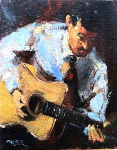 Oil painting character study of musician playing guitar