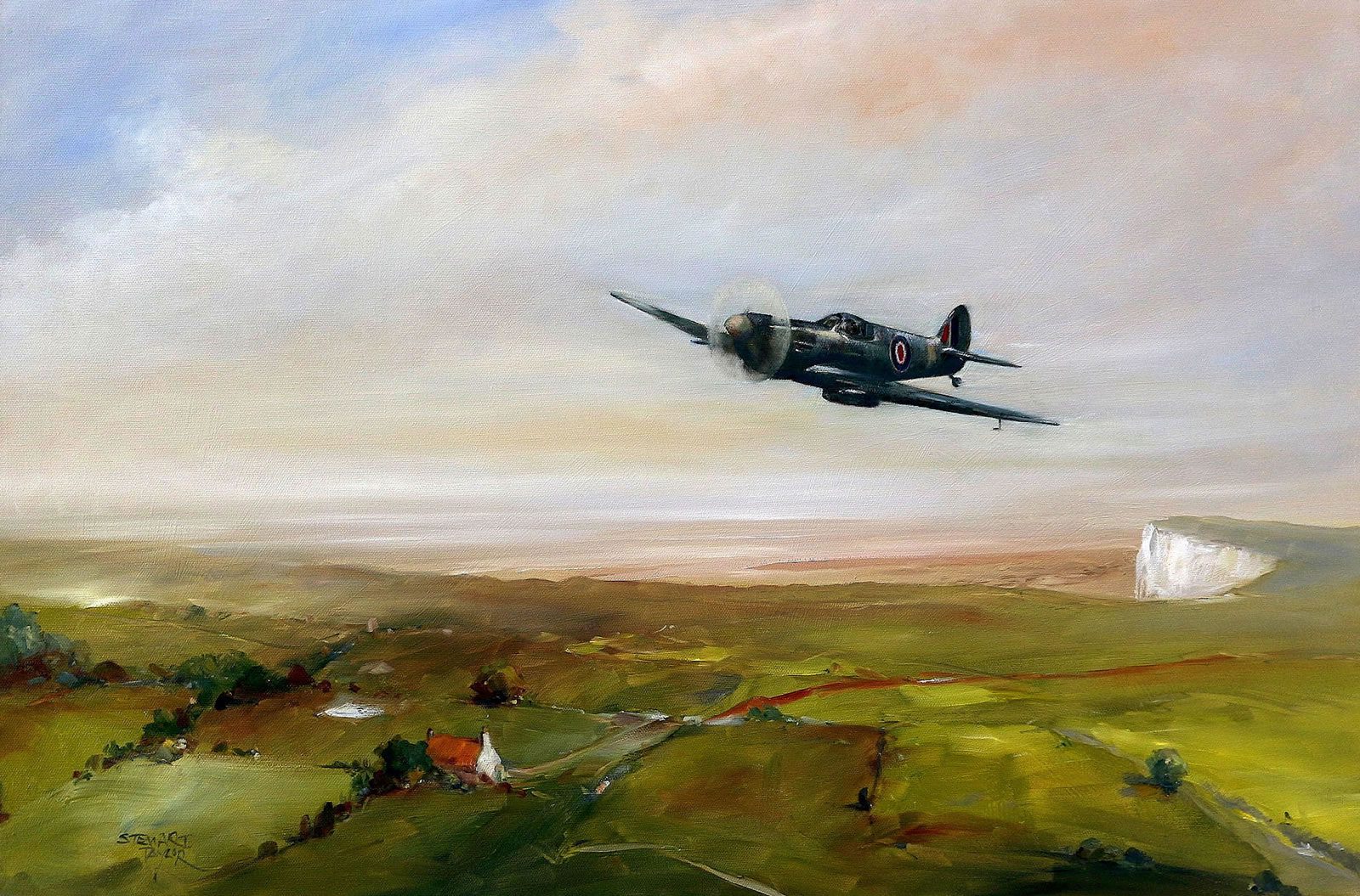 Oil painting of lone Spitfire flying over the white cliffs of Dover