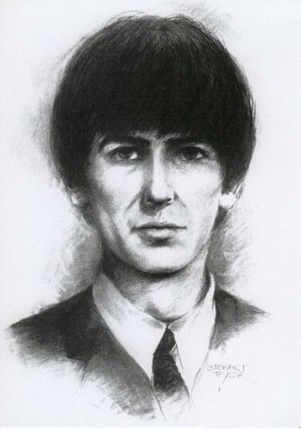 Charcola portrait of George Harrison of the Beatles by East Yorkshire artist Stewart Taylor