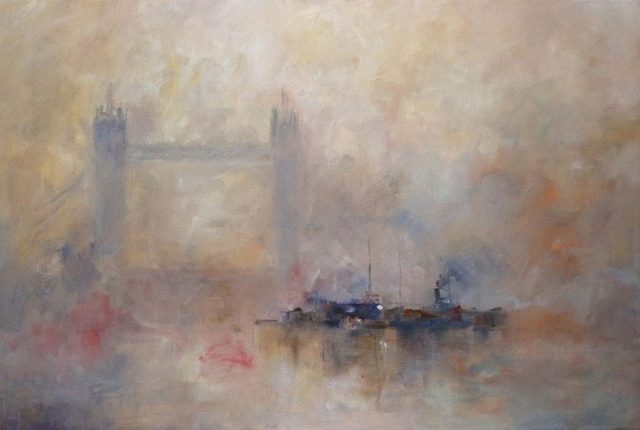 Oil painting River Thames and Tower Bridge London by Stewart Taylor Marine Artist