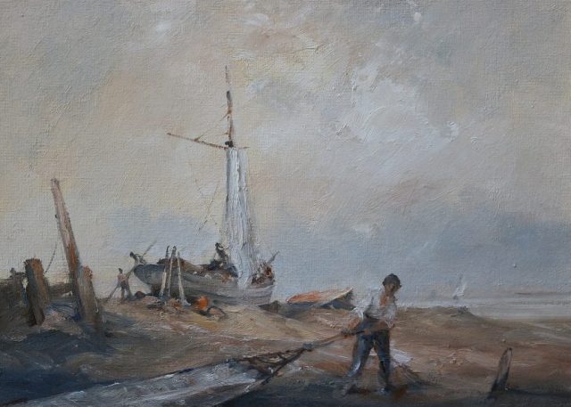 Oil painting of men working on boats at shore by Stewart Taylor
